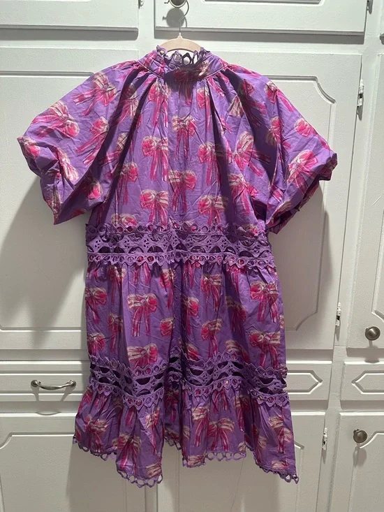 Umgee-Lilac & Pink Bow Print Lace Trim Mini Dress - Picture 4 of 5